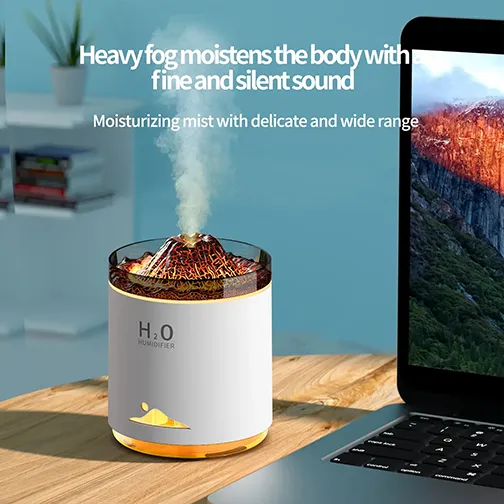 flame humidifier, volcano diffuser, aroma humidifier, ultrasonic diffuser, portable humidifier, night light diffuser, minimalist design humidifier