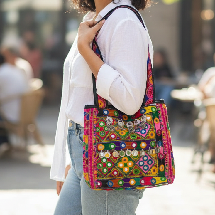 Coin Embellished Tote, Shisha Mirror Work, Colorful Bohemian Bag, Ethnic Statement Tote, Handmade Metal Charm Purse