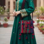 a green dressed pakistani model having this handmade bag on shoulder. Showing the beauty of this bag