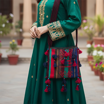 a green dressed pakistani model having this handmade bag on shoulder. Showing the beauty of this bag