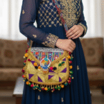 Gold Appliqué Bag, Metallic Ethnic Purse, Pom Pom Crossbody, Balochi Mirror Work, Festival Clutch