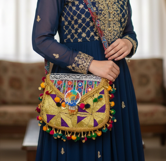 Gold Appliqué Bag, Metallic Ethnic Purse, Pom Pom Crossbody, Balochi Mirror Work, Festival Clutch