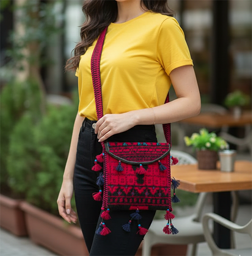 Uzbek Woven Bag, Kilim Style Pouch, Central Asian Handicraft, Red Black Crossbody, Artisan Messenger Bag
