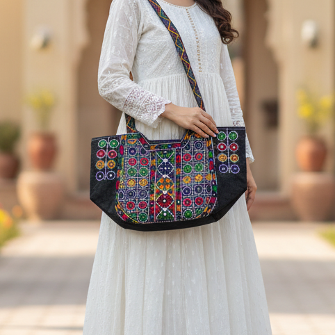Large, handmade Balochi/Sindhi embroidered tote bag. Features vibrant colors and traditional Shisha mirror work