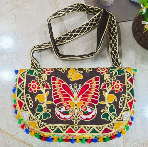 Butterfly Embroidered Bag, Rustic Canvas Purse, Boho Tassel Crossbody, Hand-stitched Floral Bag, Ethnic Shoulder Bag