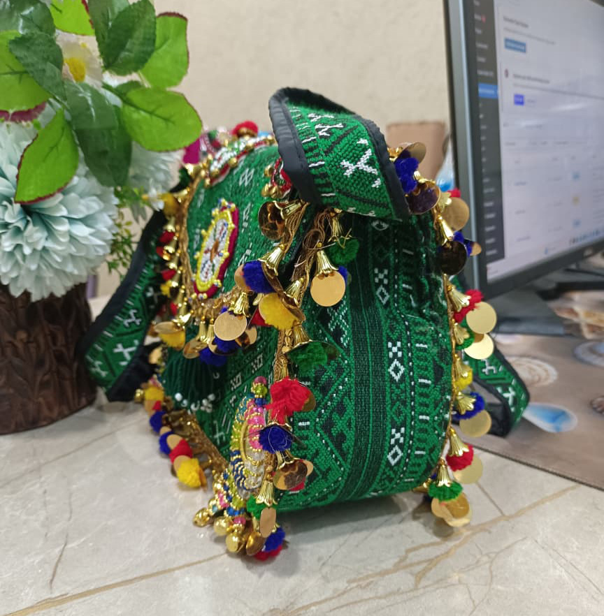 Emerald Green Shisha Mirror Work Shoulder Bag | Handmade Ethnic Embroidered Statement Purse - Image 3