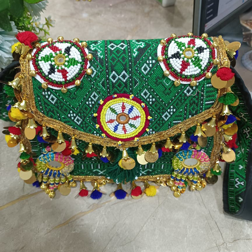 Emerald Green Shisha Mirror Work Shoulder Bag | Handmade Ethnic Embroidered Statement Purse - Image 2