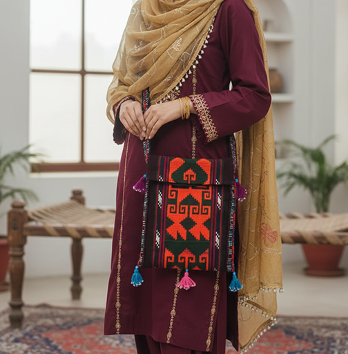 Uzbek Geometric Bag, Afghan Hand Embroidery, Central Asian Crossbody, Tribal Textile Purse, Dark Brown Ethnic Bag