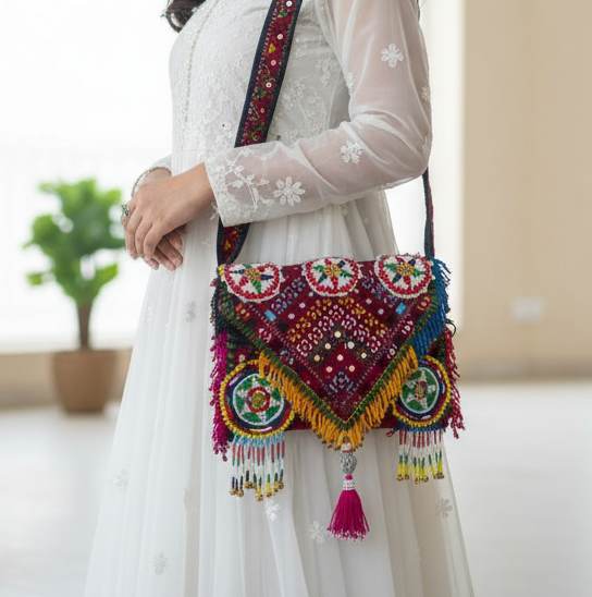 Beaded Medallion Bag, Triangular Flap Purse, Balochi Beaded Crossbody, Shisha Mirror Work, Ethnic Shoulder Purse